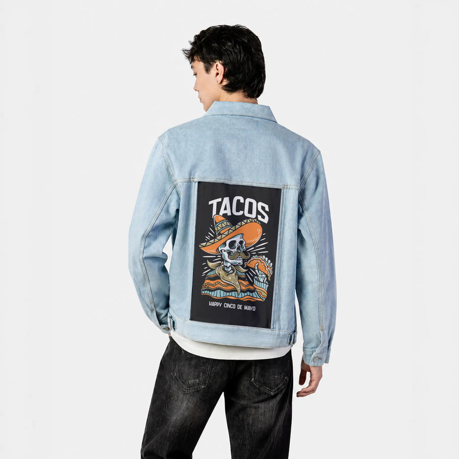 tacos patch on male og denim jacket in oceanside