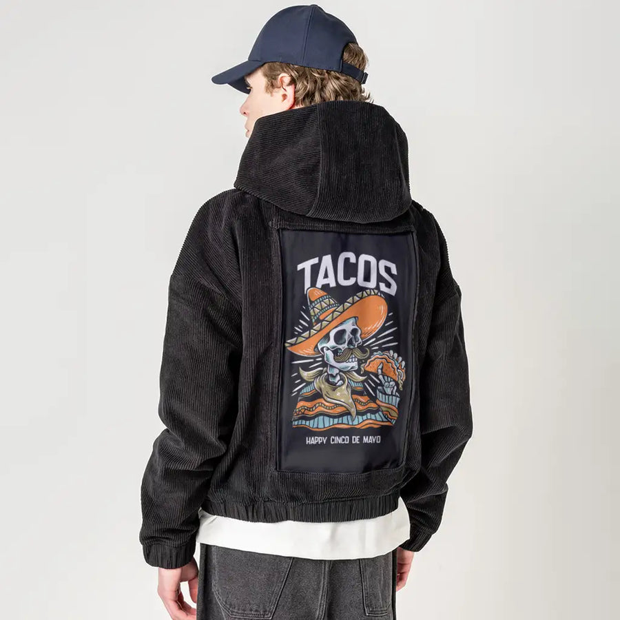 tacos patch on male retro cord hoodie in onyx