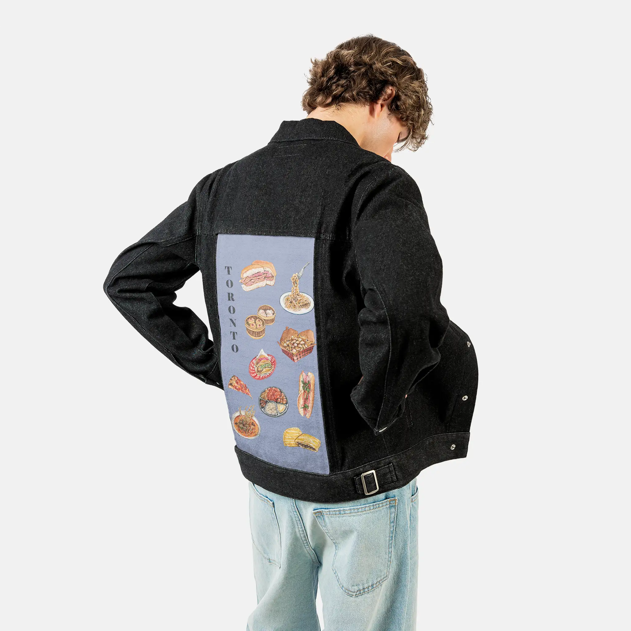 tasteoftoronto patch on male og denim jacket in raven