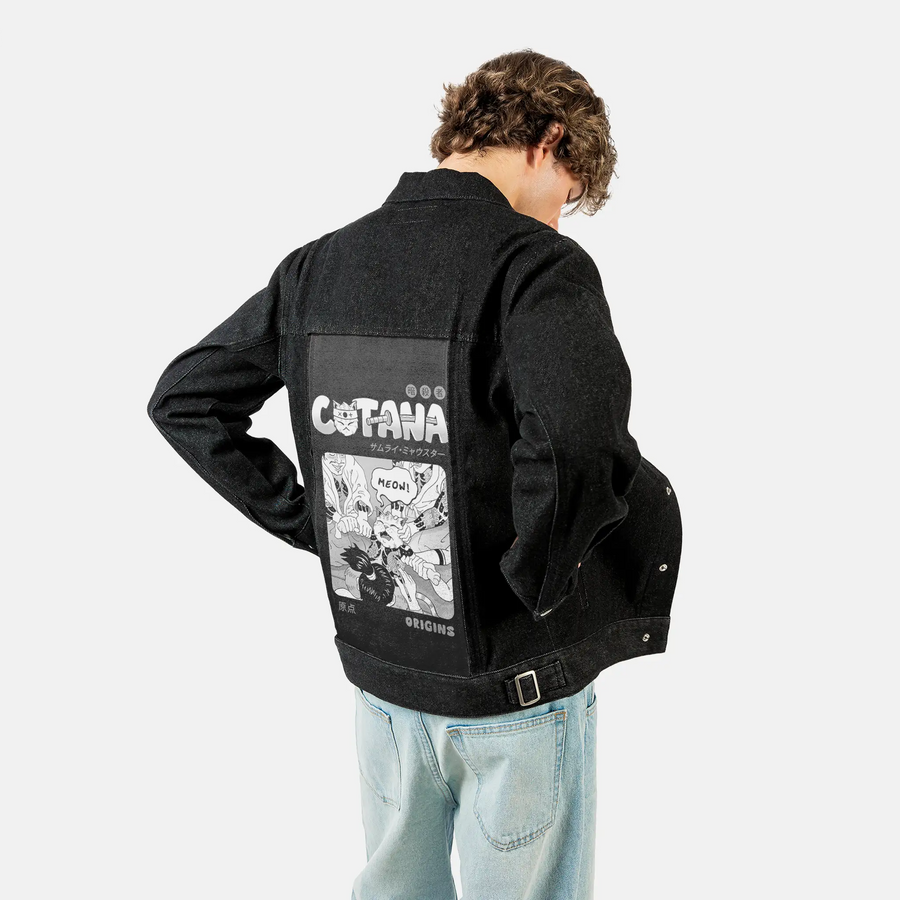 tattooedorigins patch on male og denim jacket in raven