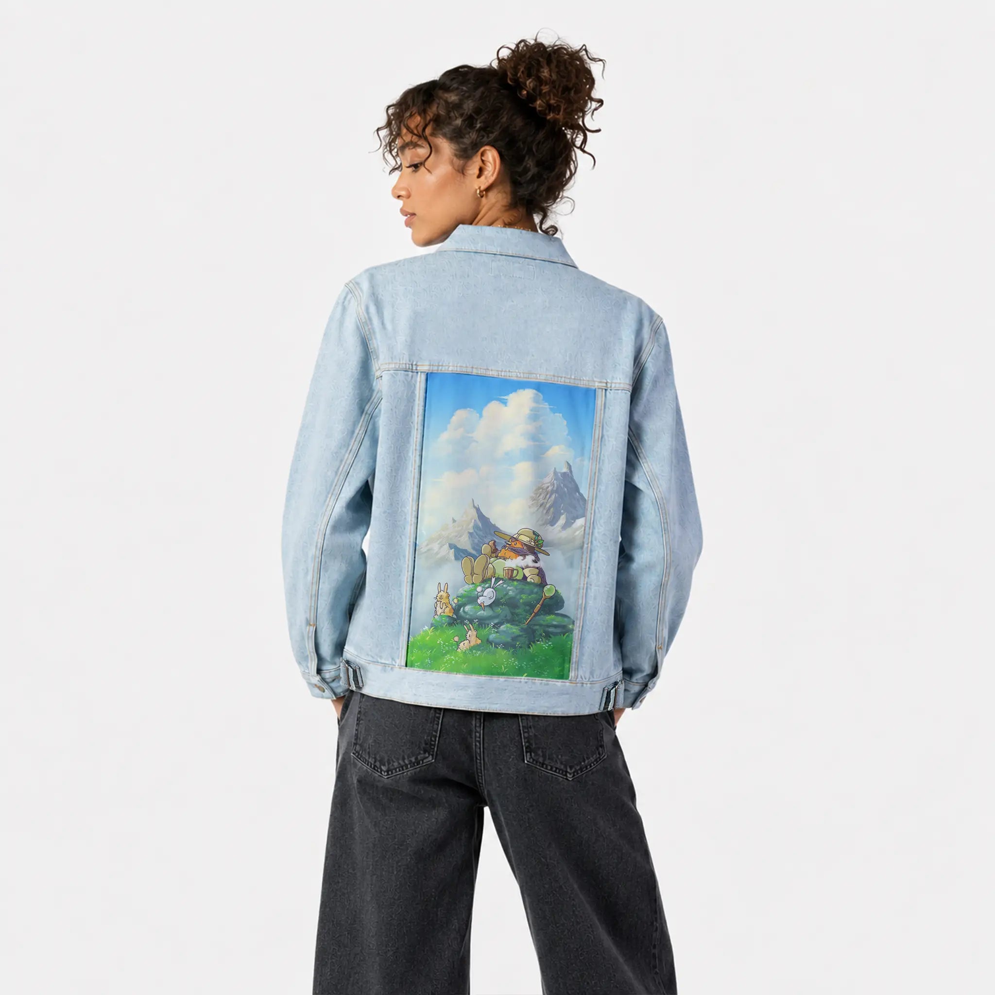 teatime patch on female og denim jacket in oceanside