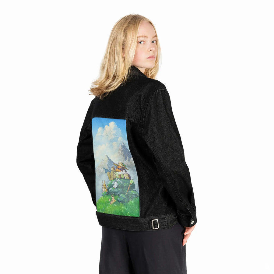 teatime patch on female og denim jacket in raven