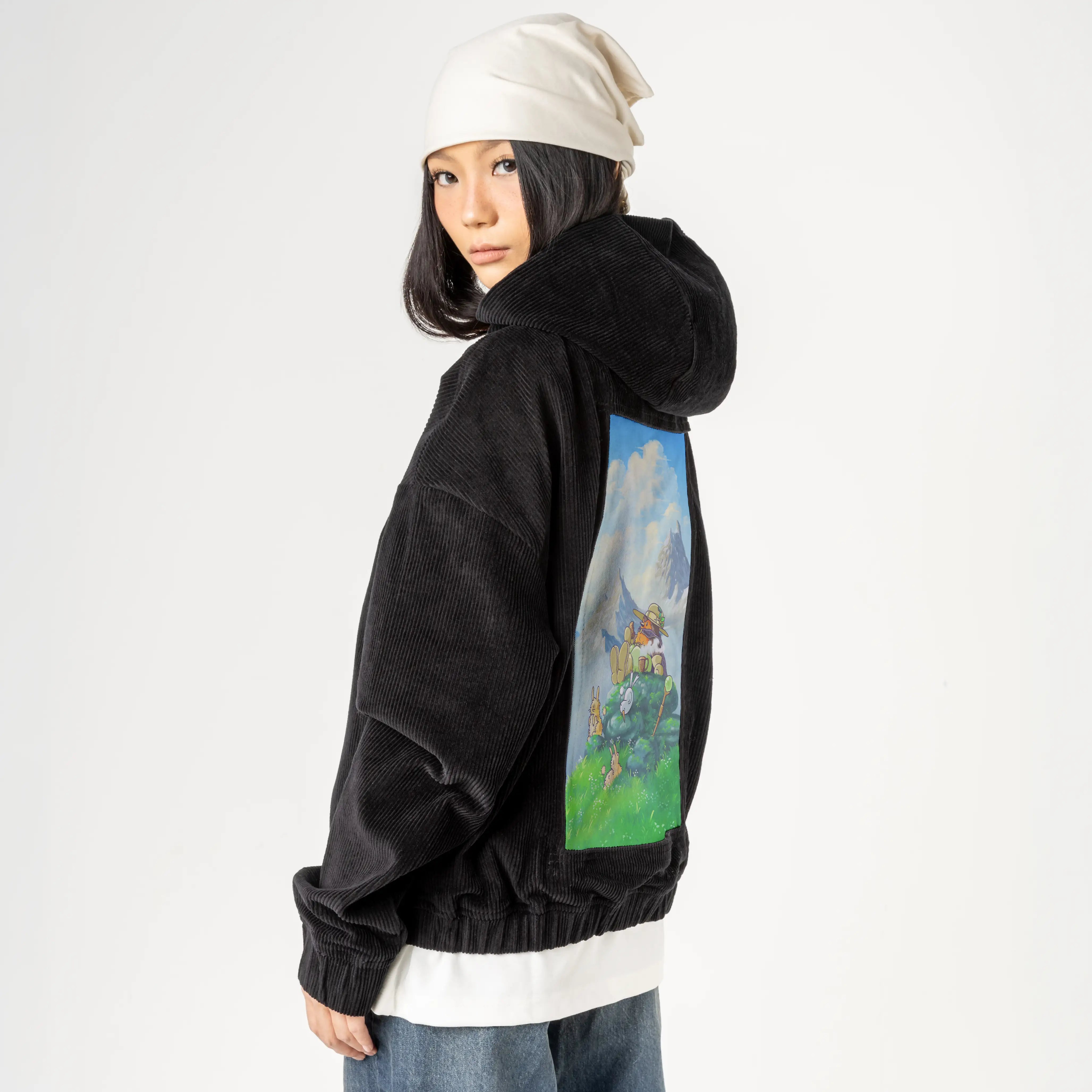 teatime patch on female retro cord hoodie in onyx