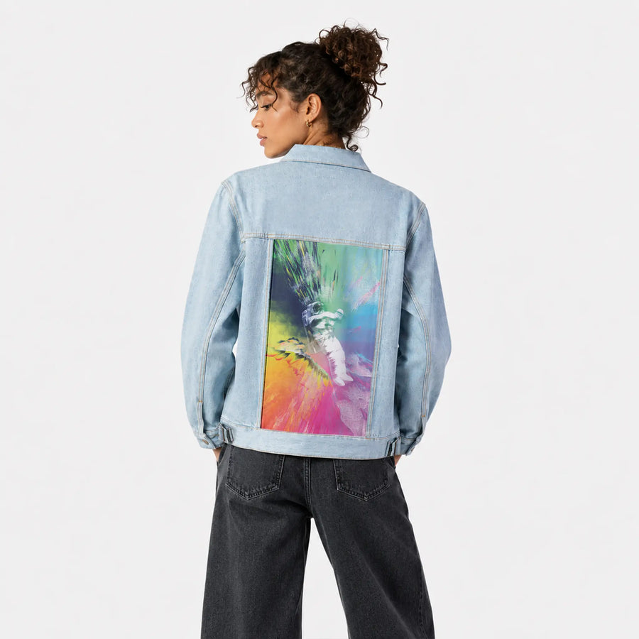 technicolorastro patch on female og denim jacket in oceanside