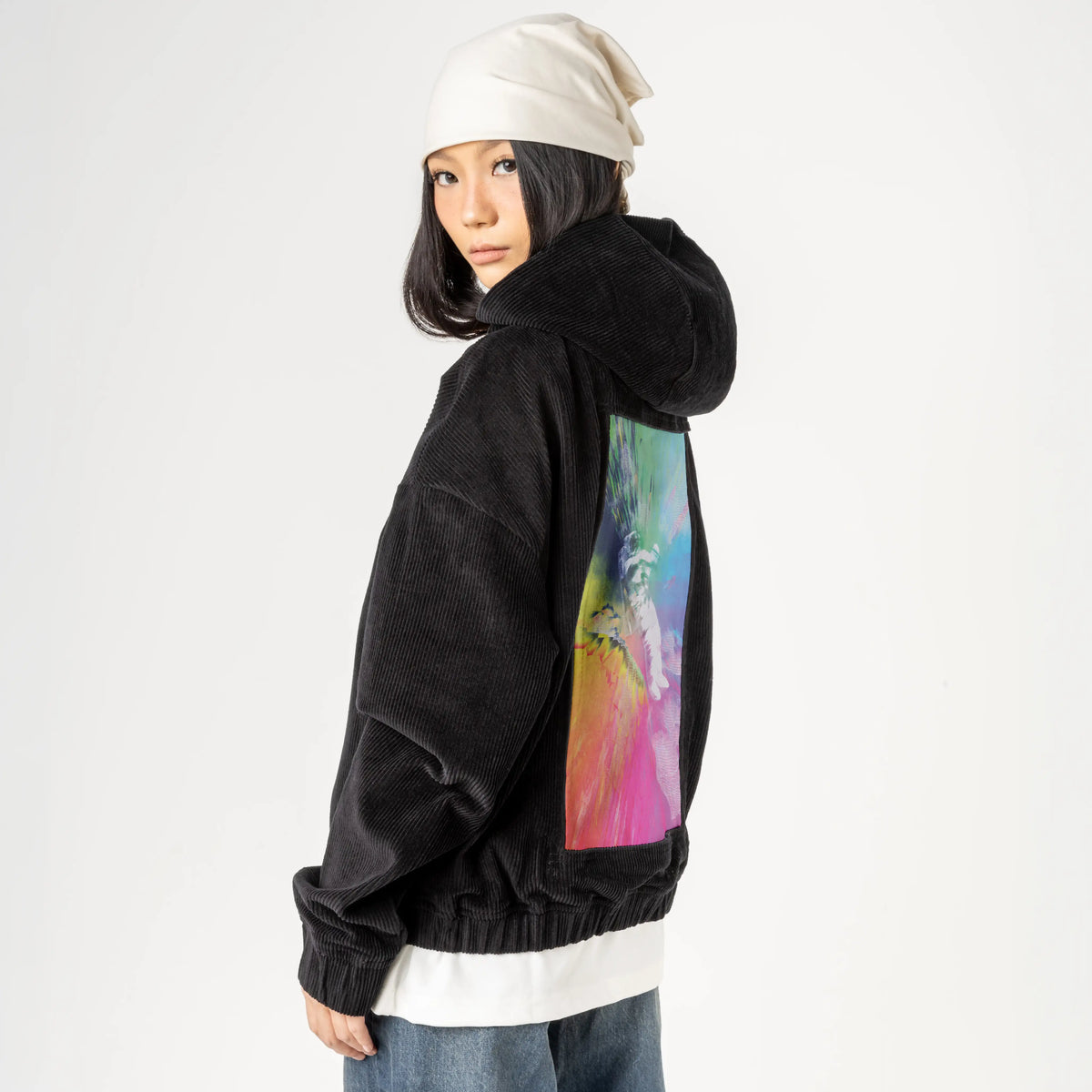 technicolorastro patch on female retro cord hoodie in onyx