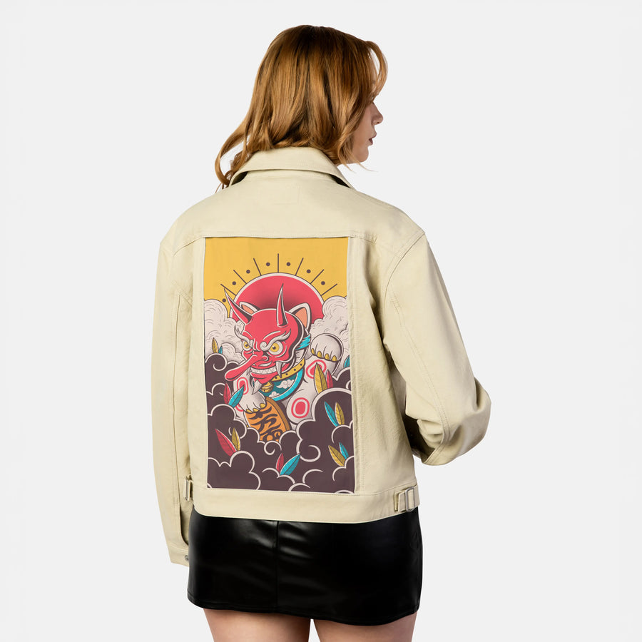 tengucat patch on female atelier canvas jacket in tan