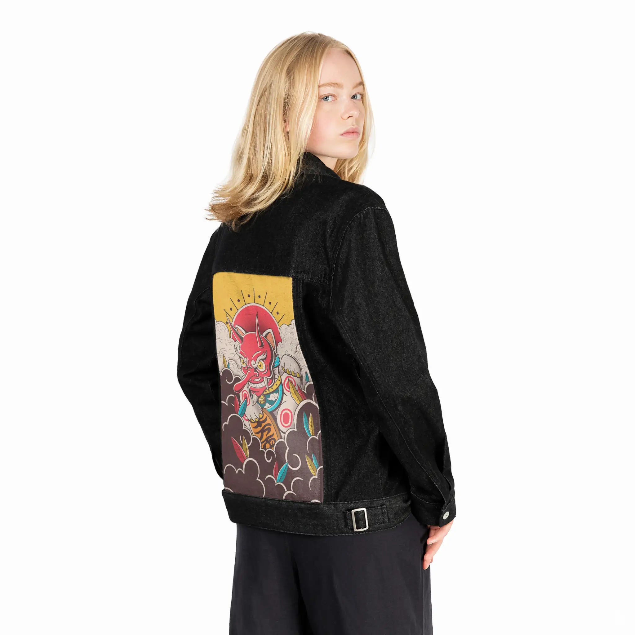 tengucat patch on female og denim jacket in raven