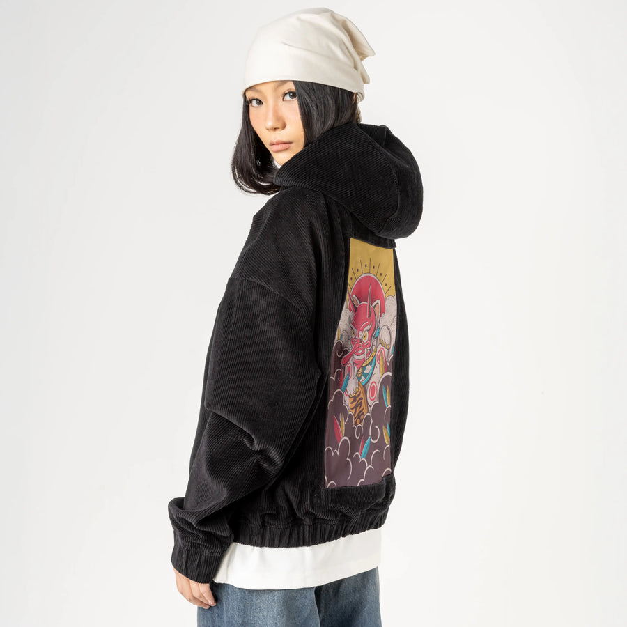 tengucat patch on female retro cord hoodie in onyx