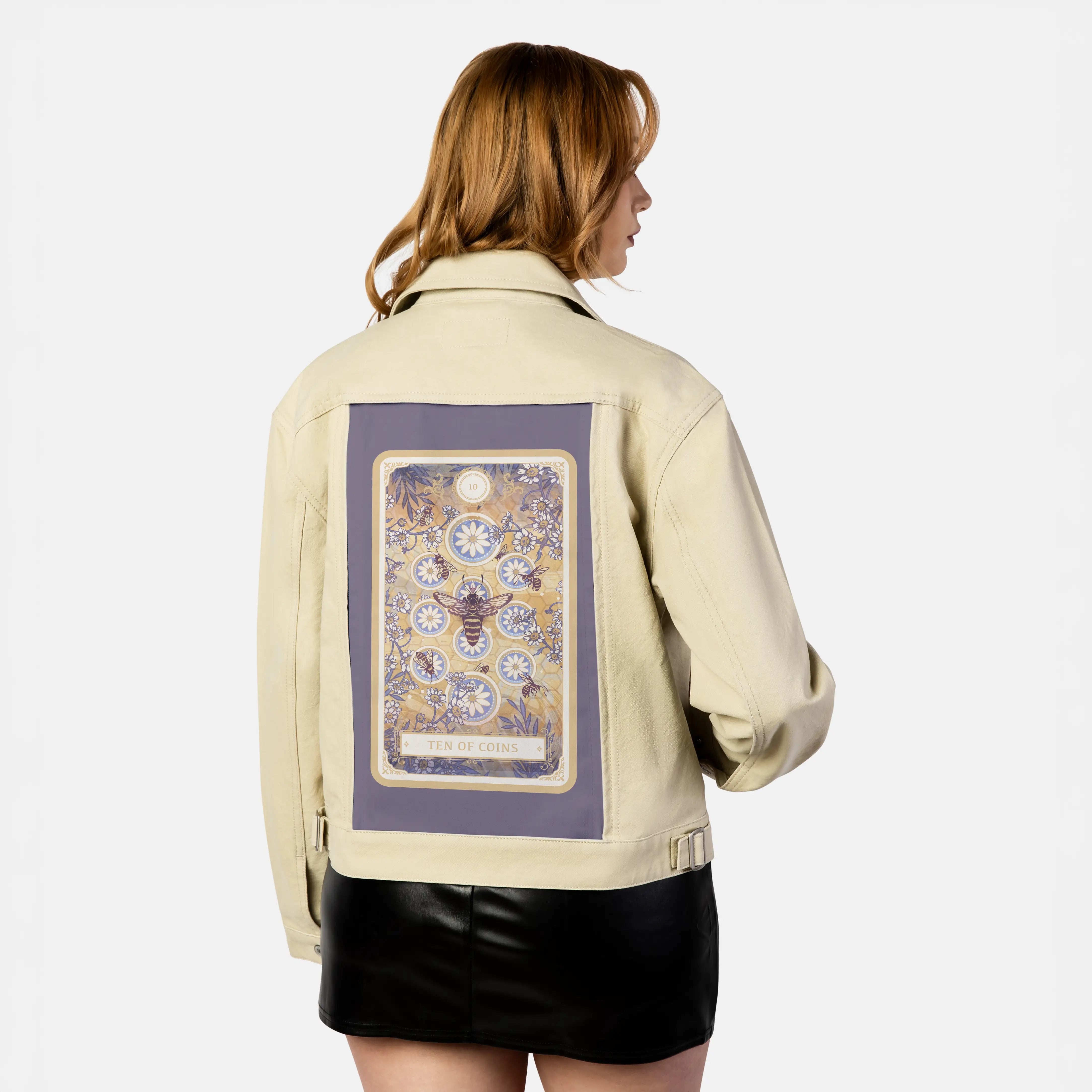 tenofcoins patch on female atelier canvas jacket in tan