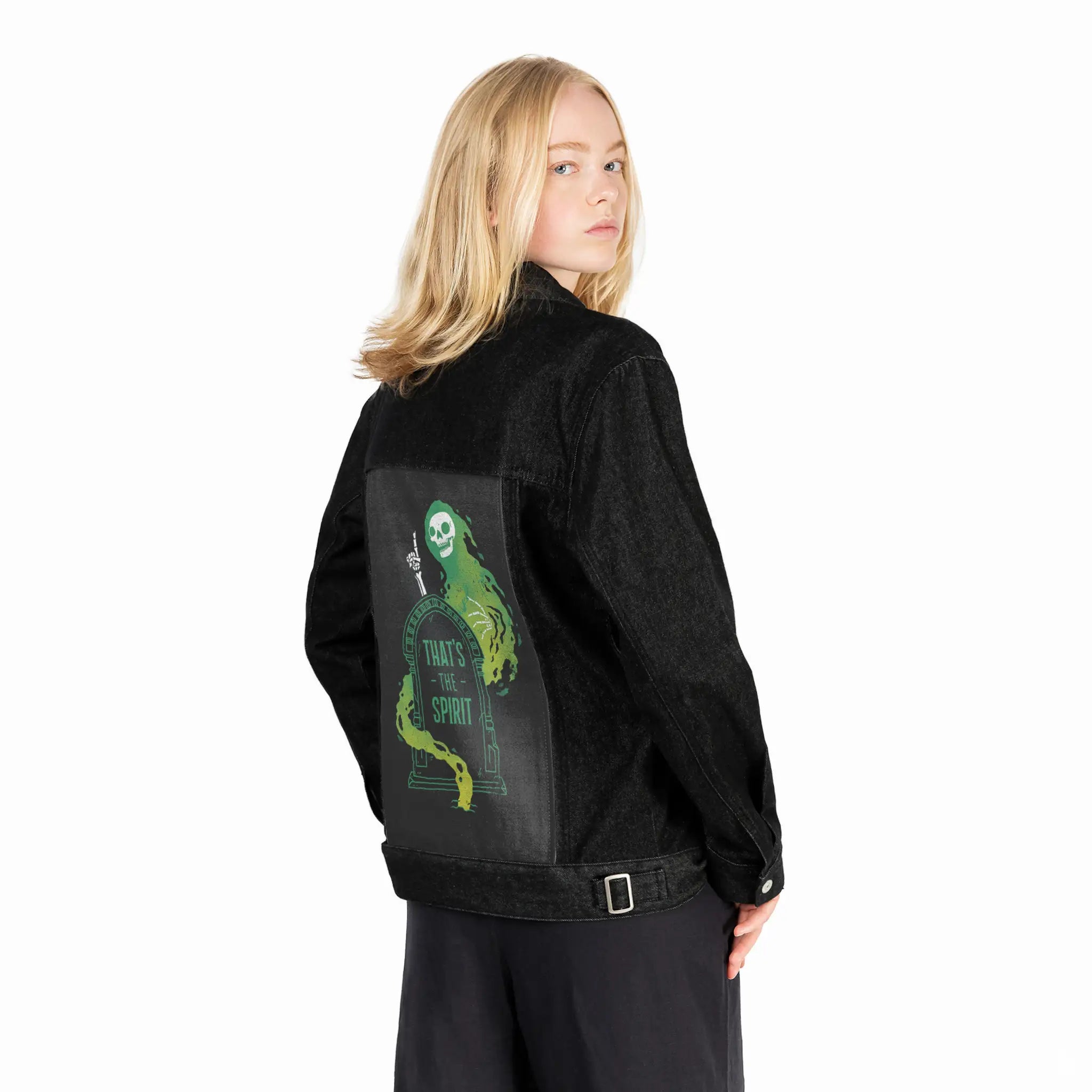 thatsthespirit patch on female og denim jacket in raven