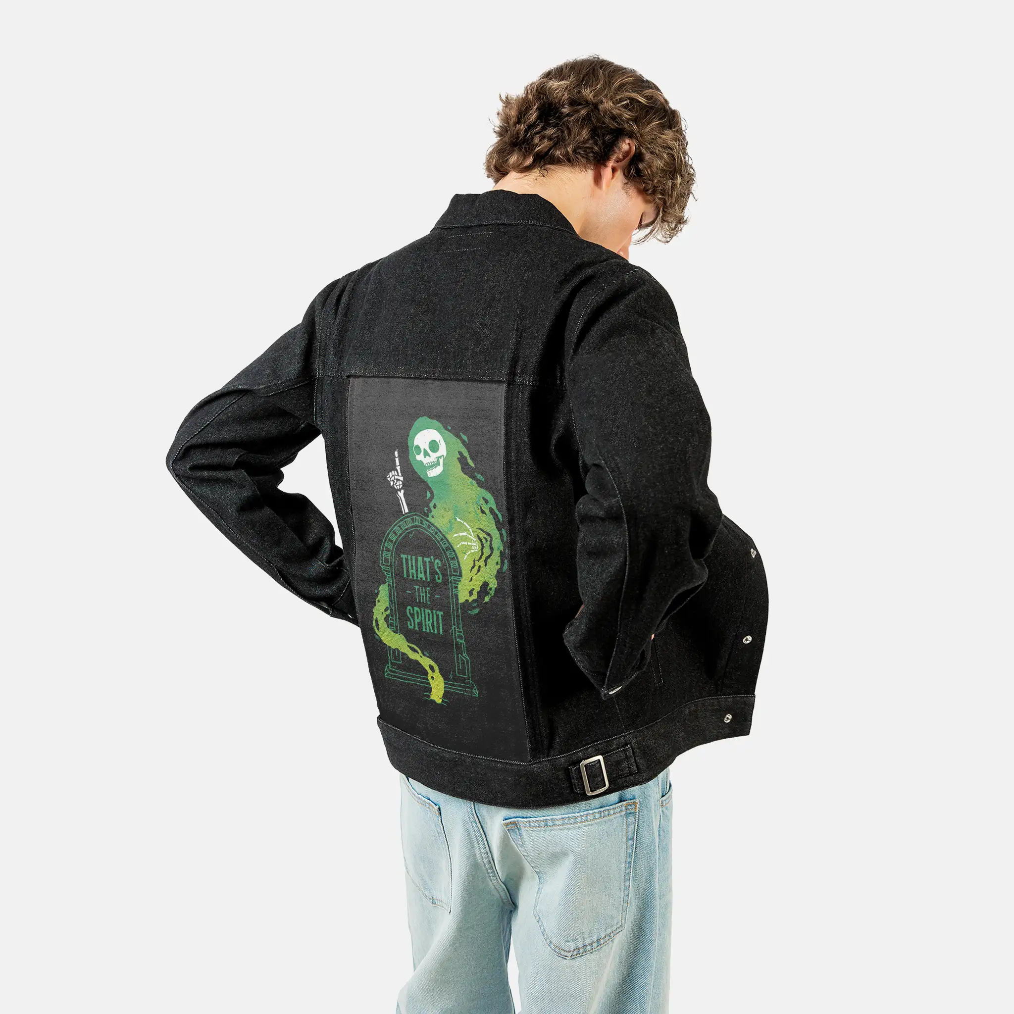 thatsthespirit patch on male og denim jacket in raven