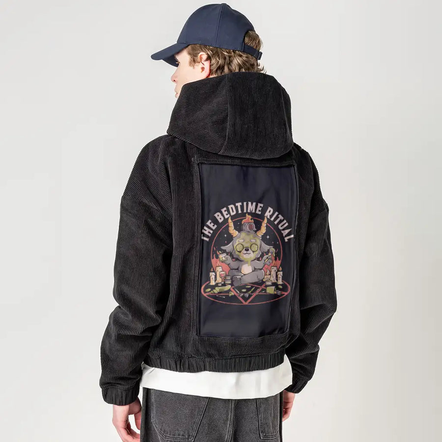 thebedtimeritual patch on male retro cord hoodie in onyx
