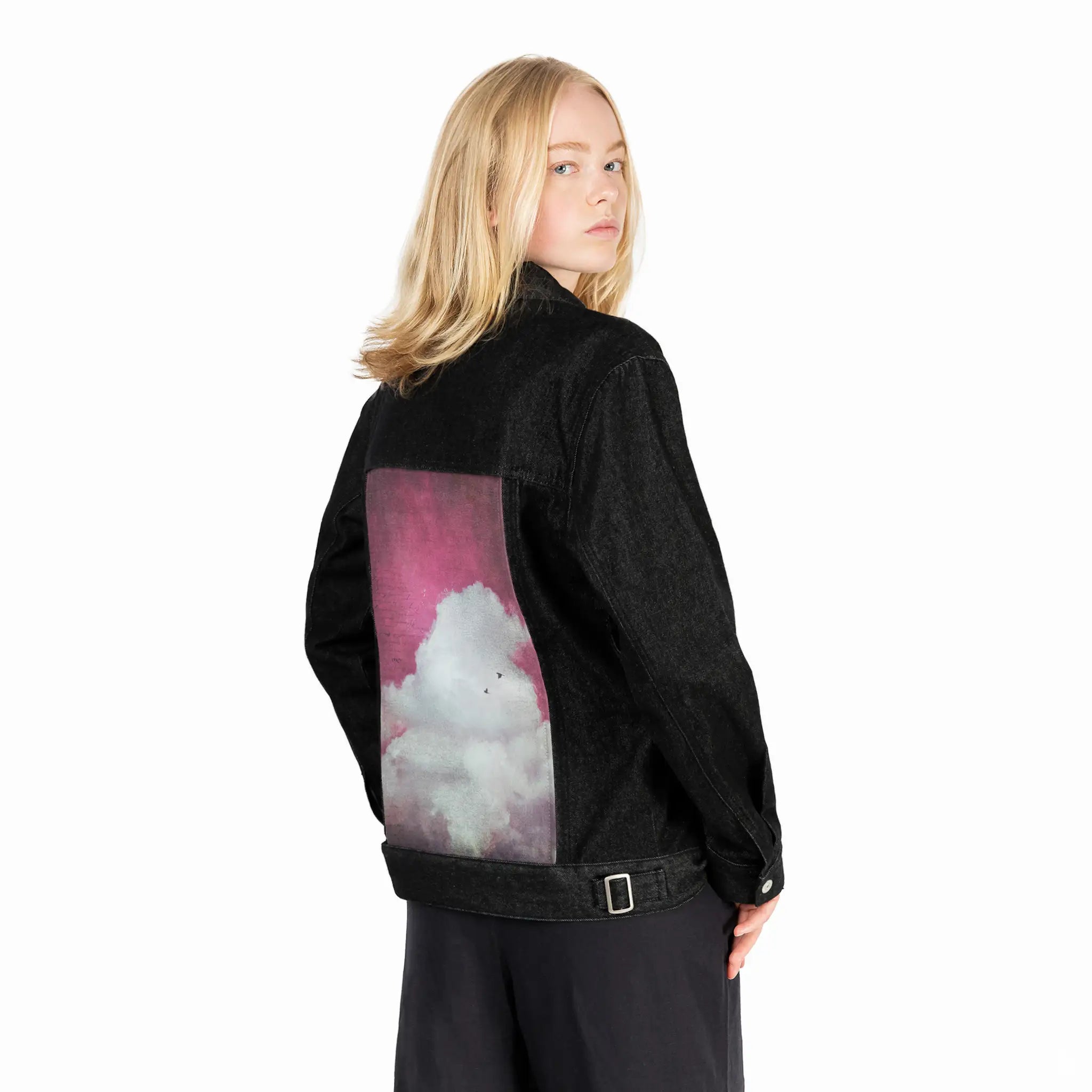 theclouddreamversion patch on female og denim jacket in raven