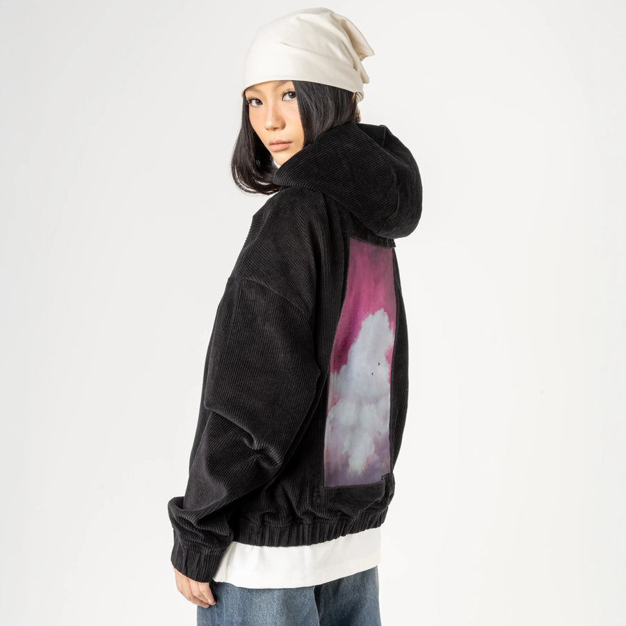 theclouddreamversion patch on female retro cord hoodie in onyx
