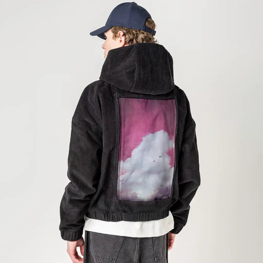 theclouddreamversion patch on male retro cord hoodie in onyx
