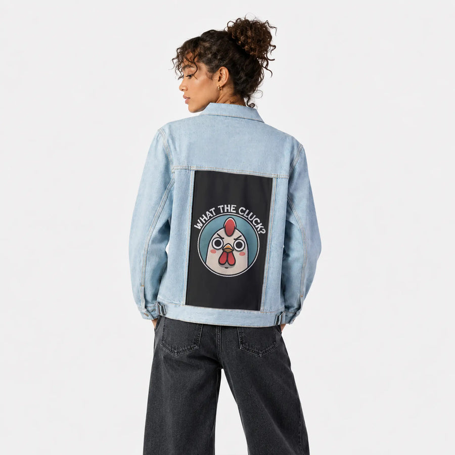thecluck patch on female og denim jacket in oceanside
