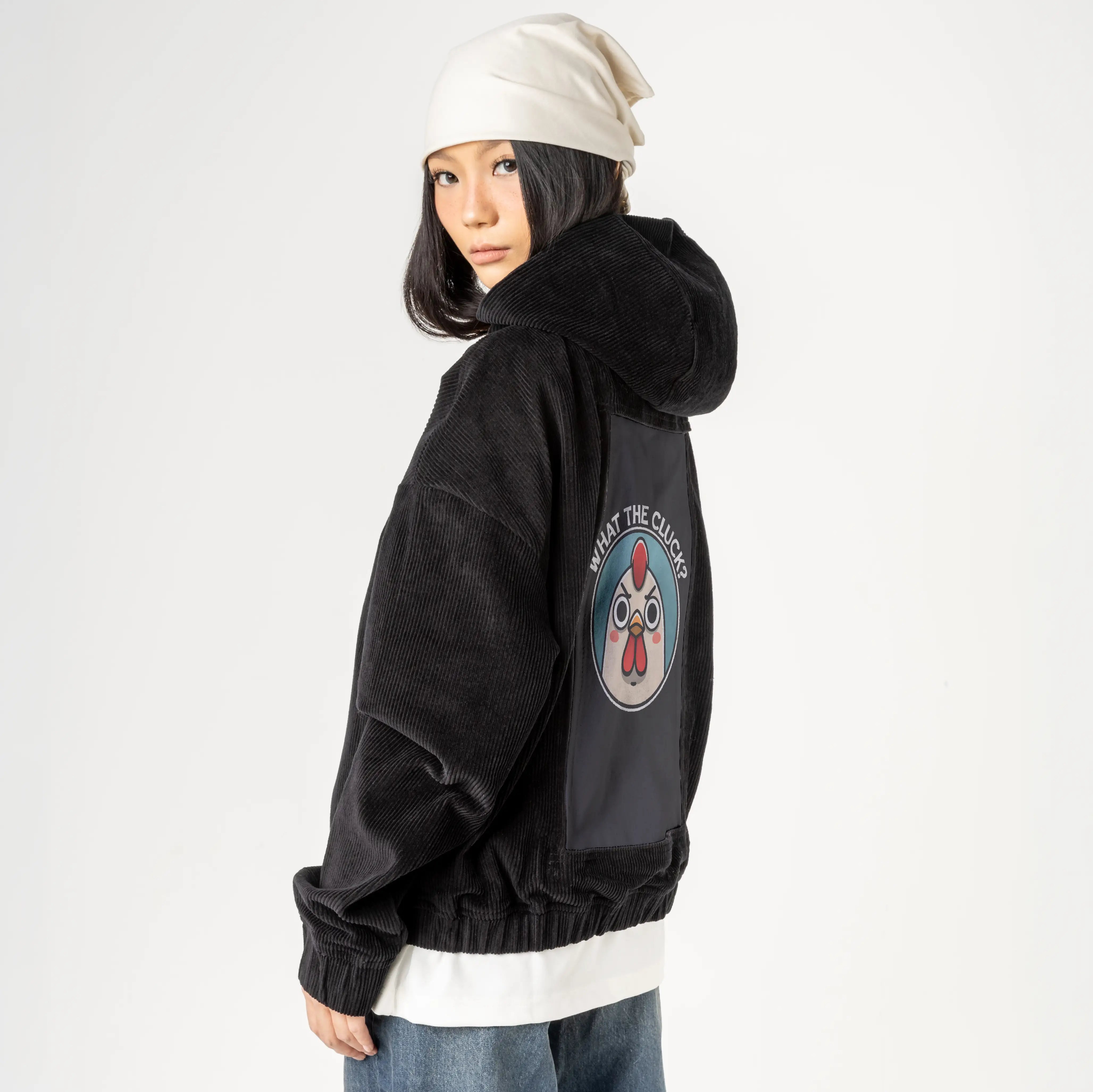 thecluck patch on female retro cord hoodie in onyx