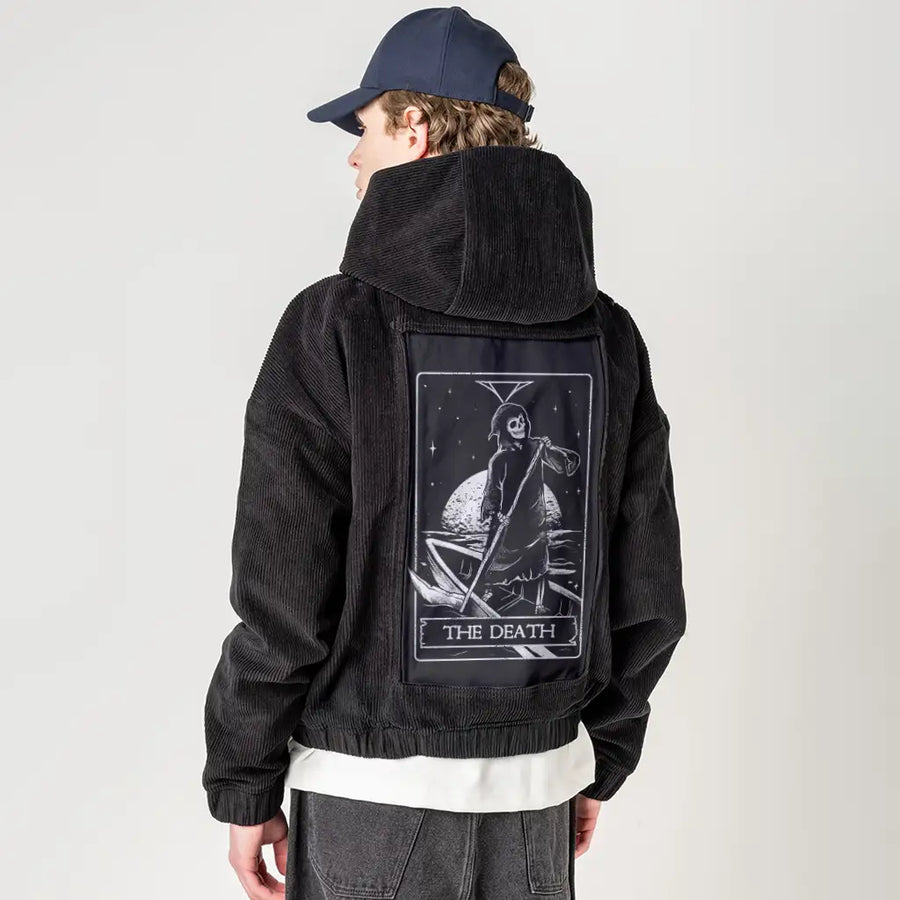 thedeath patch on male retro cord hoodie in onyx