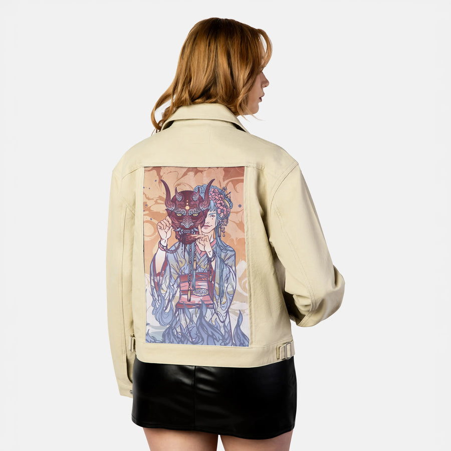 thedevil patch on female atelier canvas jacket in tan