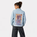thedevil patch on female og denim jacket in oceanside
