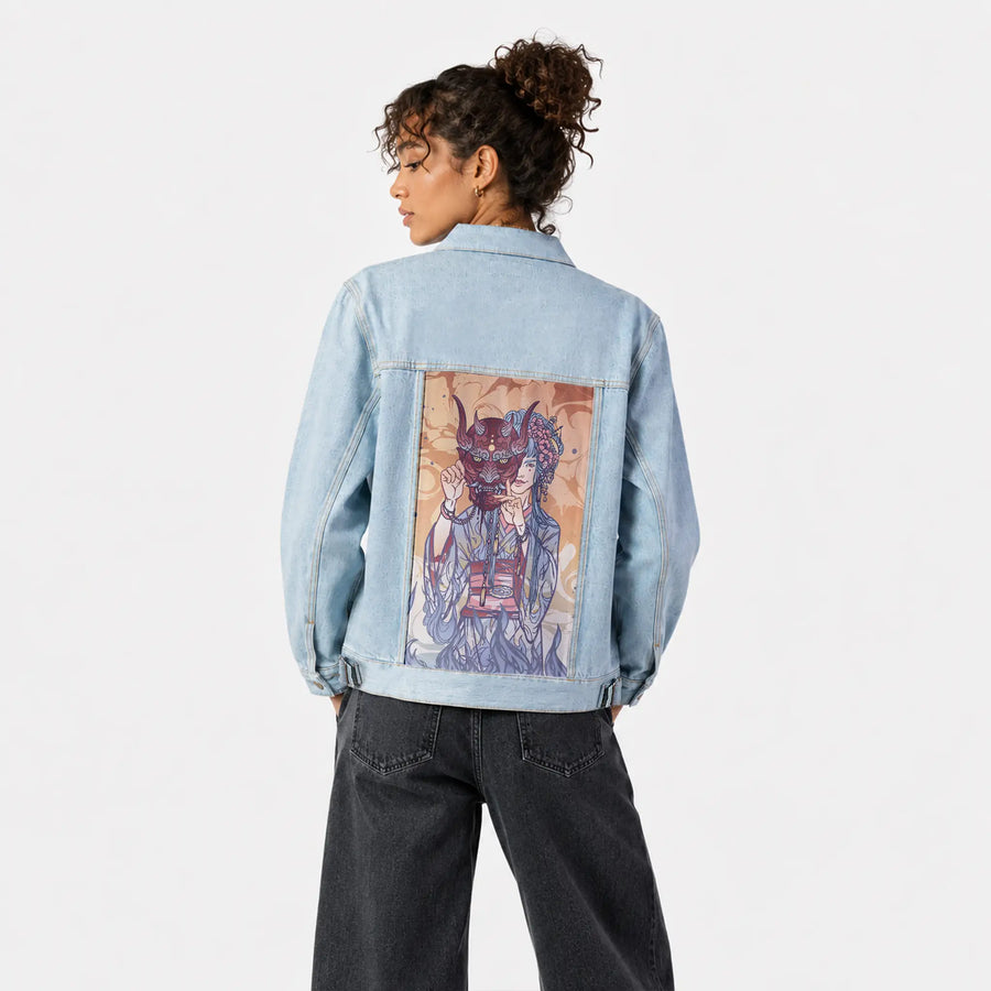 thedevil patch on female og denim jacket in oceanside