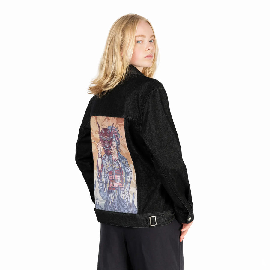 thedevil patch on female og denim jacket in raven