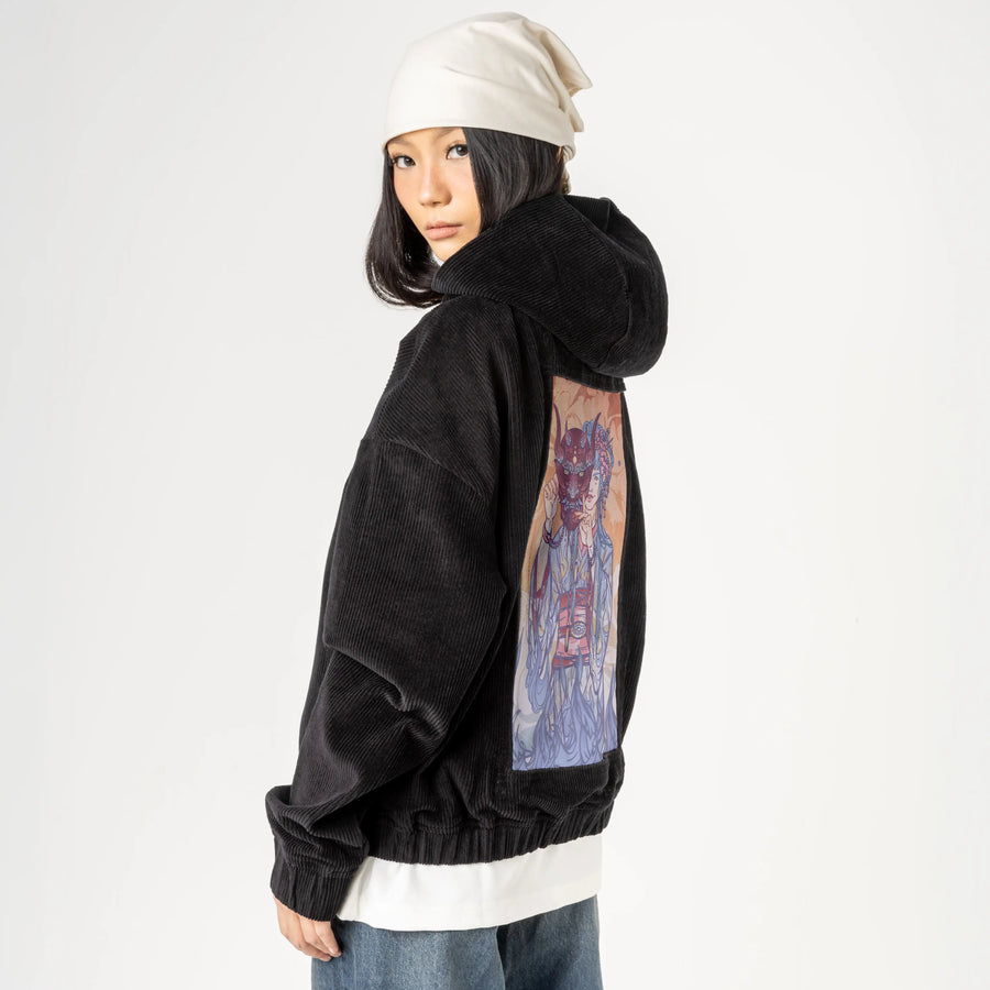 thedevil patch on female retro cord hoodie in onyx