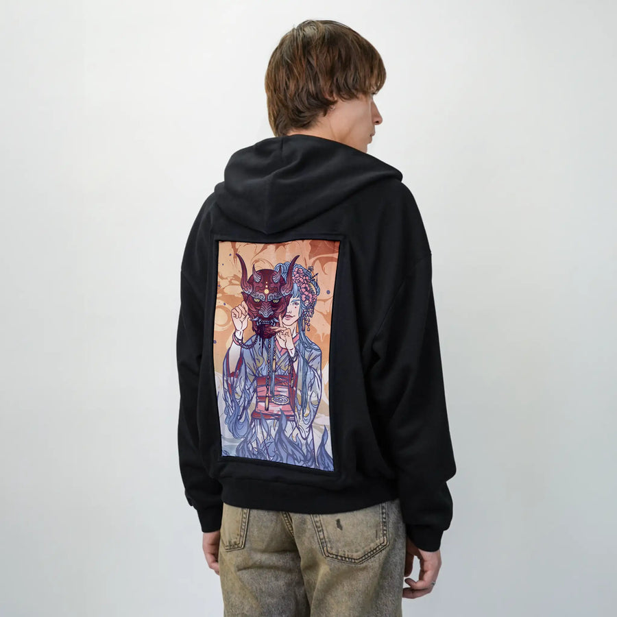 thedevil patch on male essential zip hoodie in after hours
