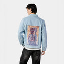 thedevil patch on male og denim jacket in oceanside