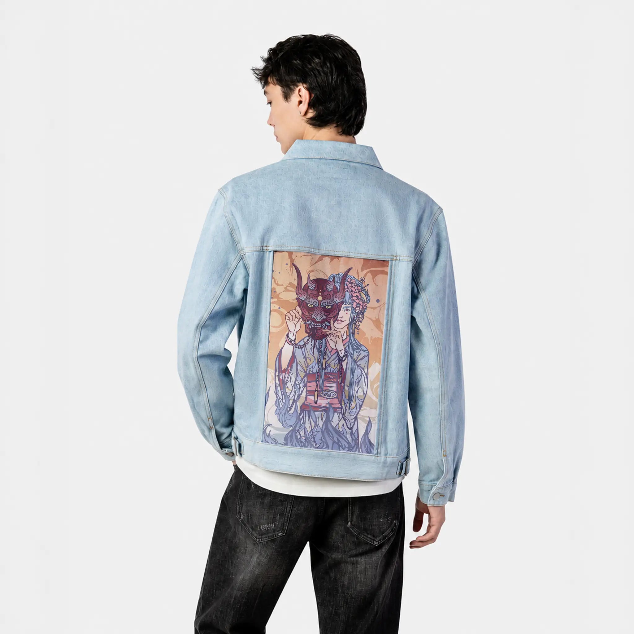 thedevil patch on male og denim jacket in oceanside