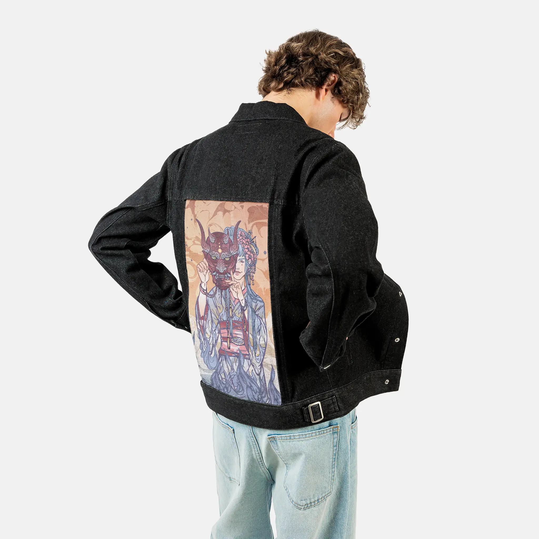thedevil patch on male og denim jacket in raven