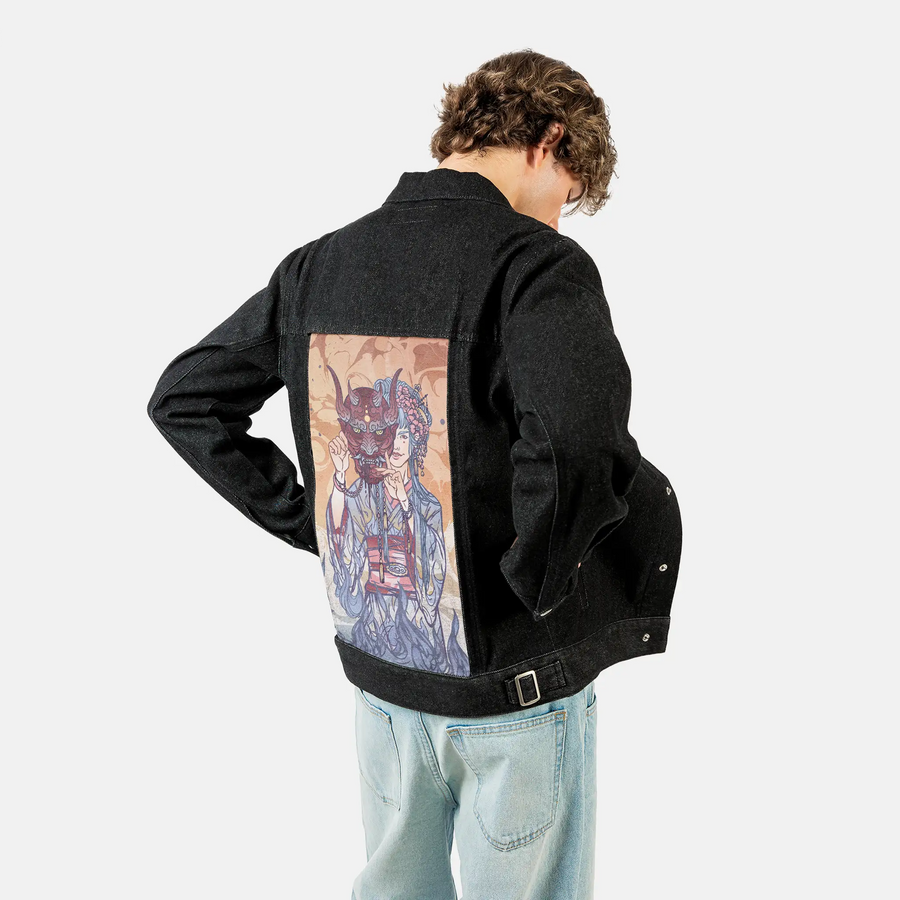 thedevil patch on male og denim jacket in raven