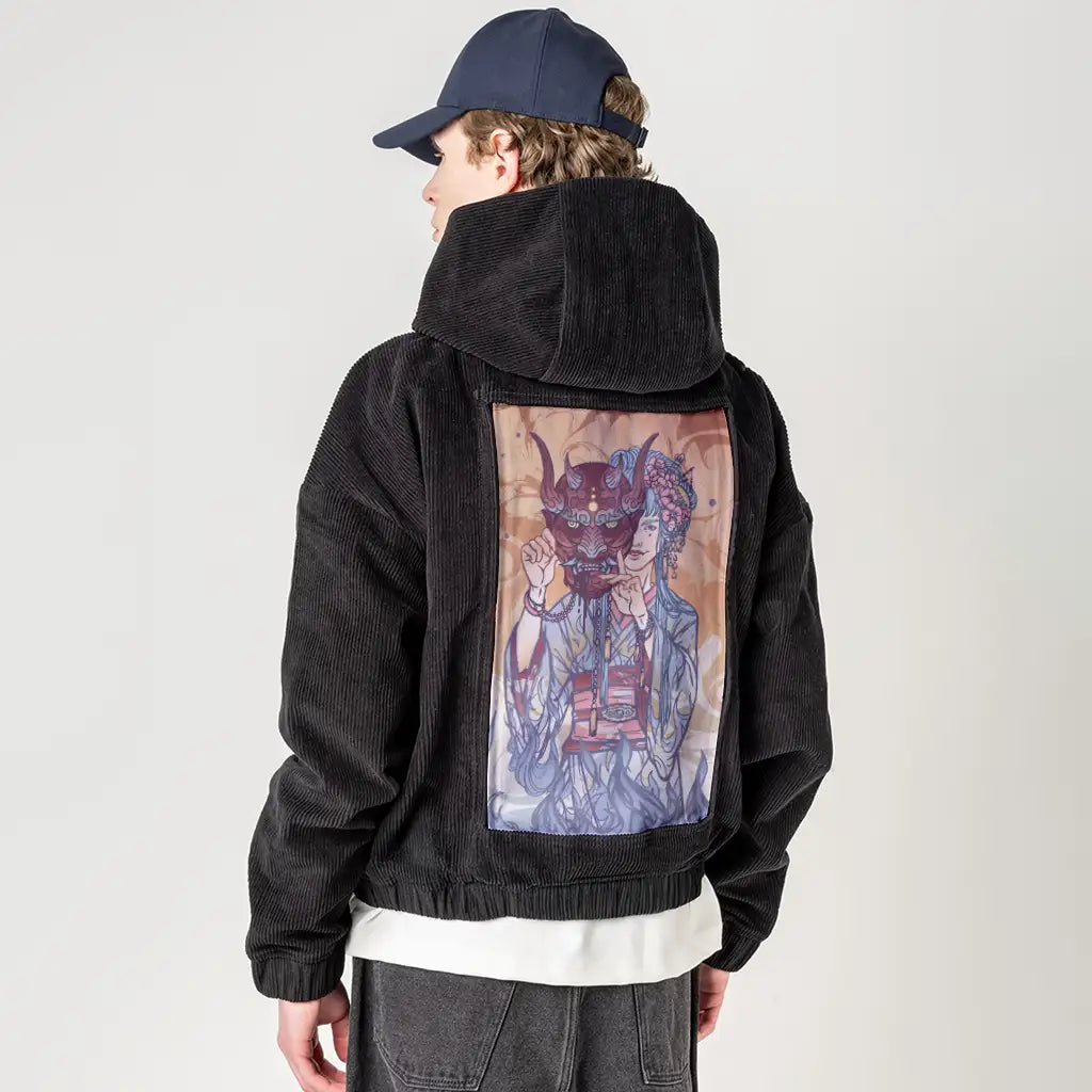 thedevil patch on male retro cord hoodie in onyx