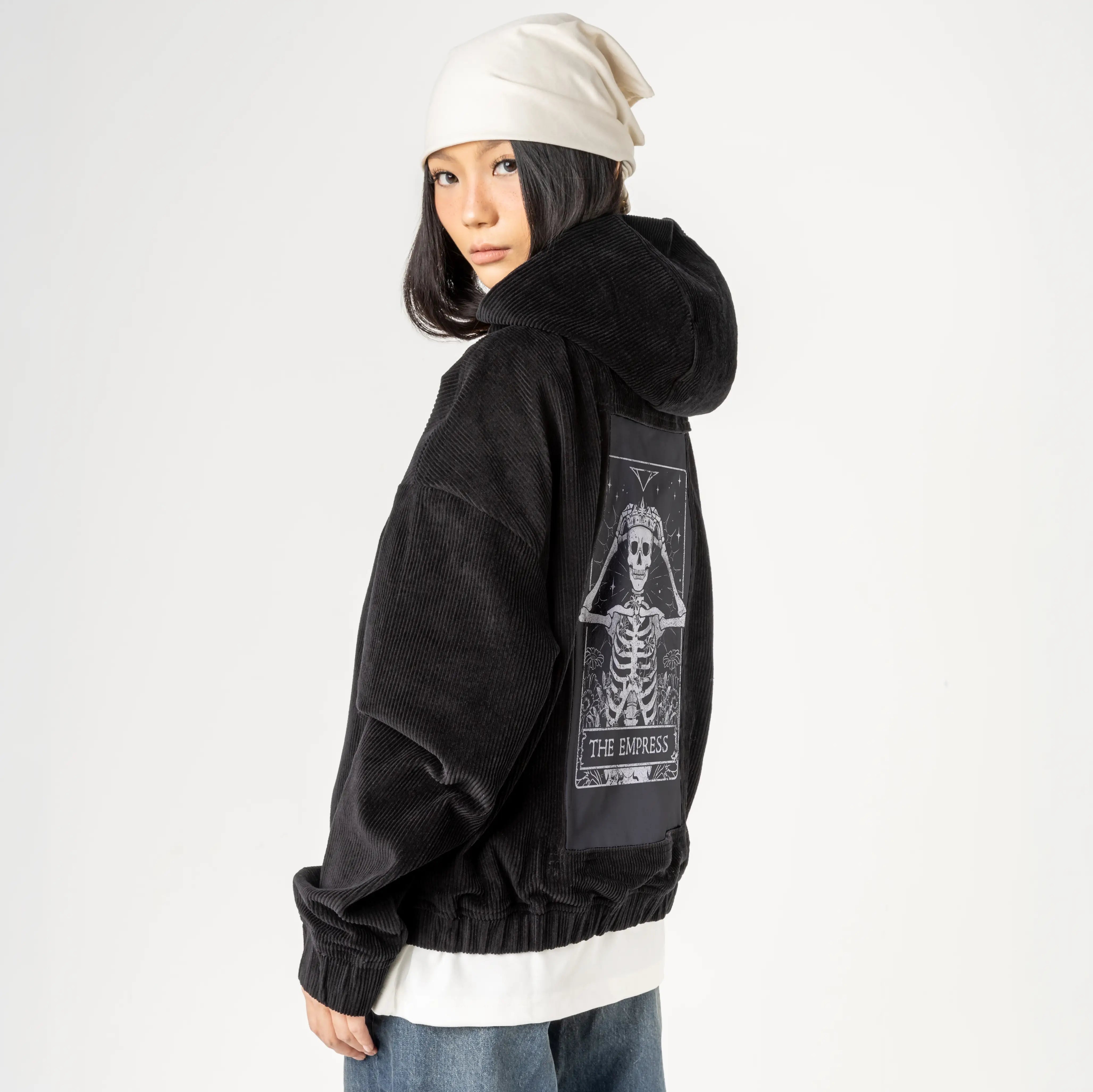 theempress patch on female retro cord hoodie in onyx