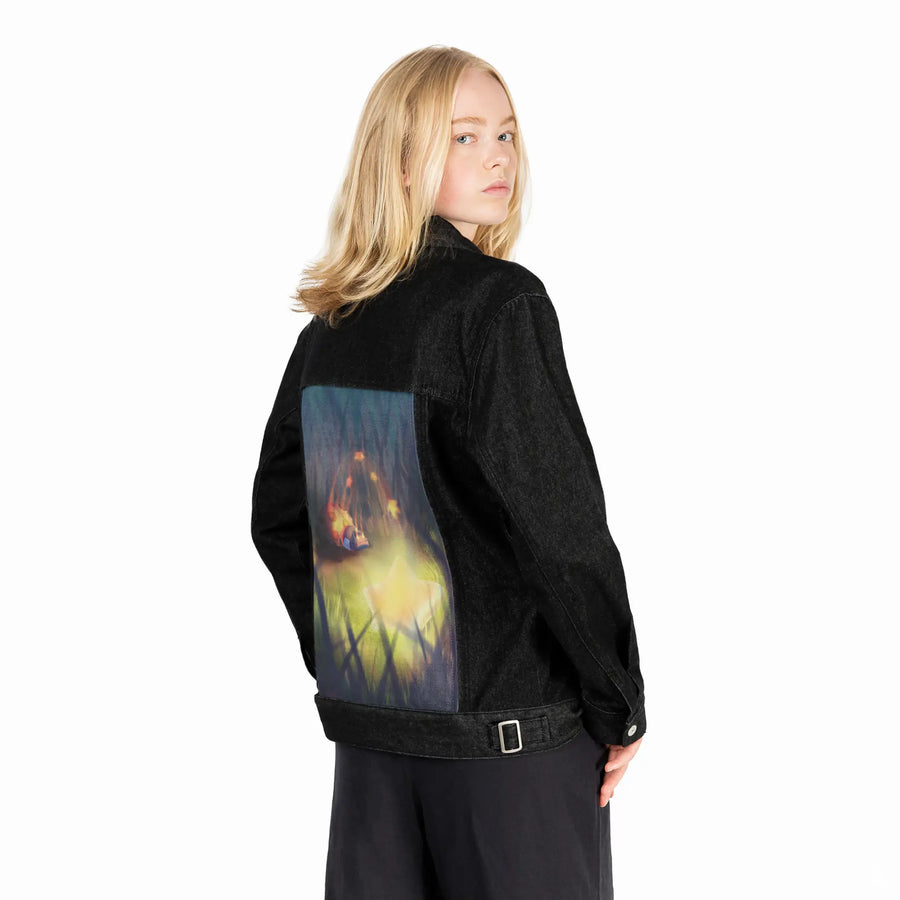 thefind patch on female og denim jacket in raven