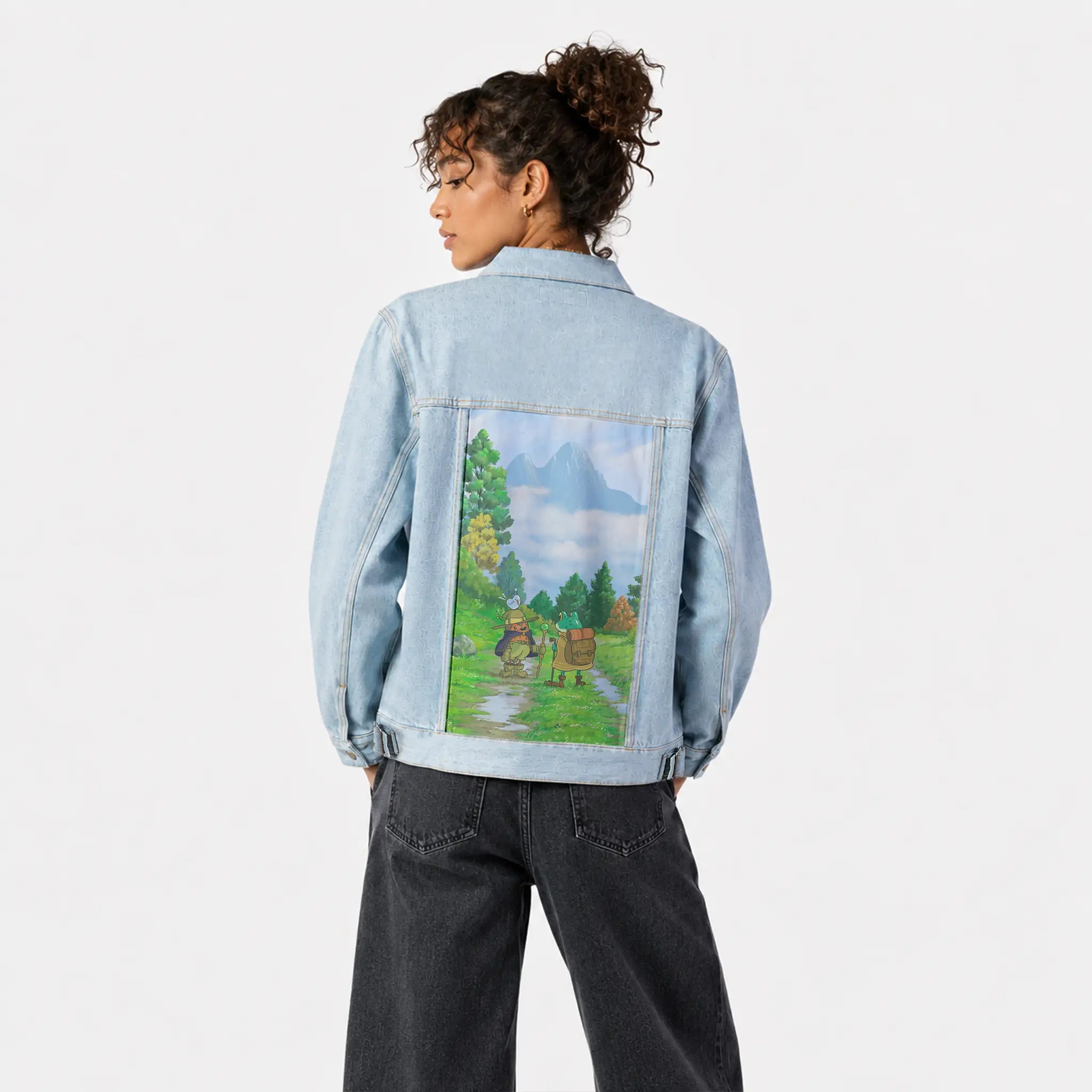 theforkmountain patch on female og denim jacket in oceanside