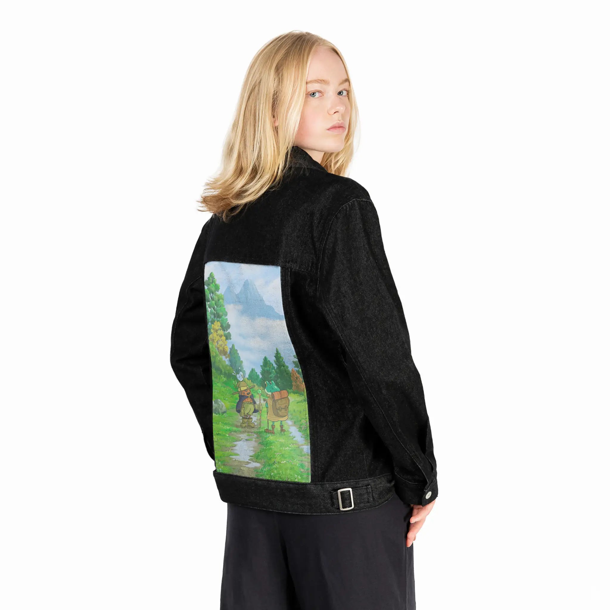 theforkmountain patch on female og denim jacket in raven