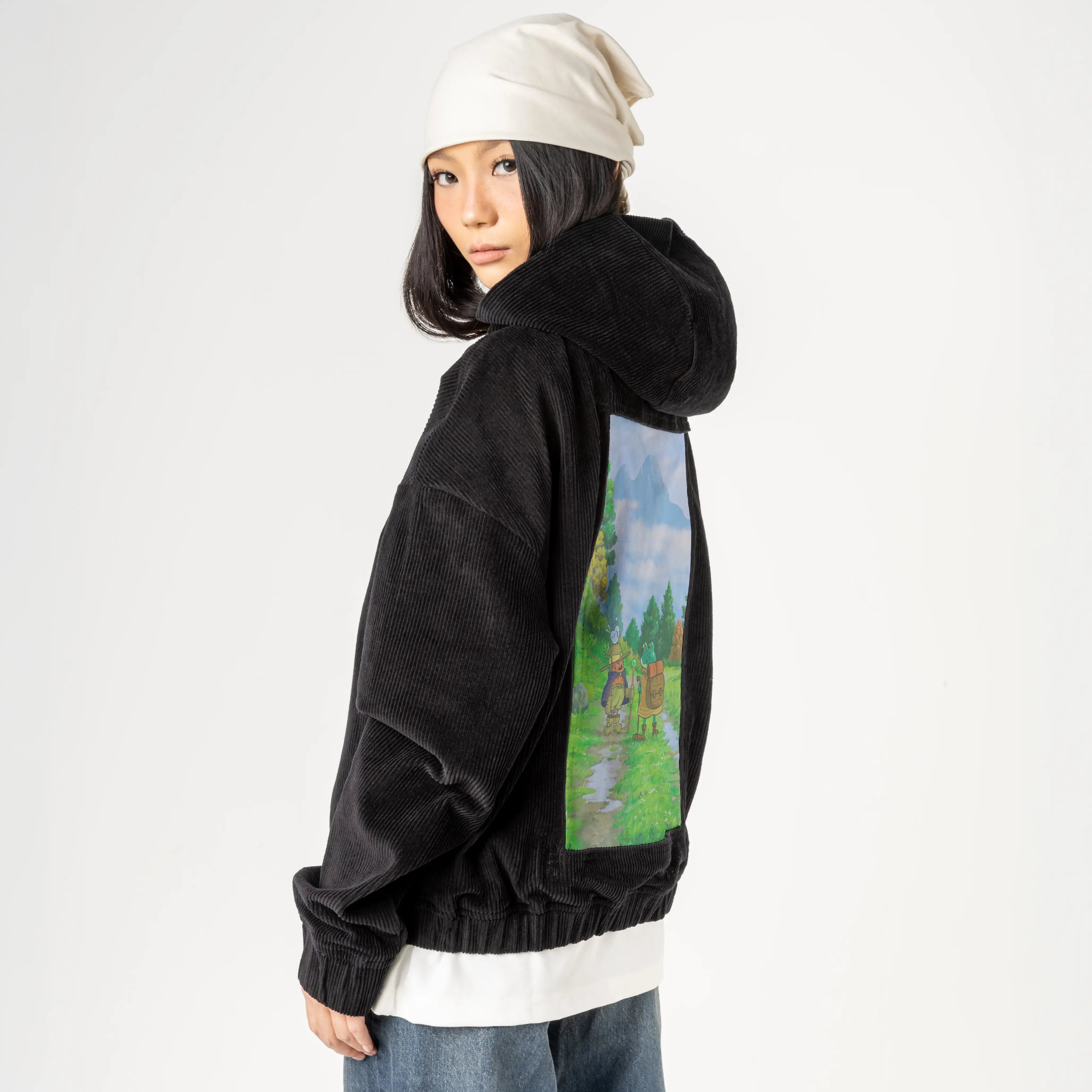 theforkmountain patch on female retro cord hoodie in onyx