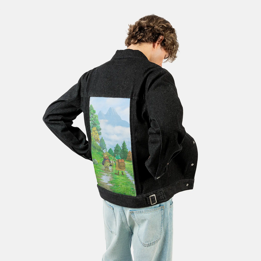 theforkmountain patch on male og denim jacket in raven