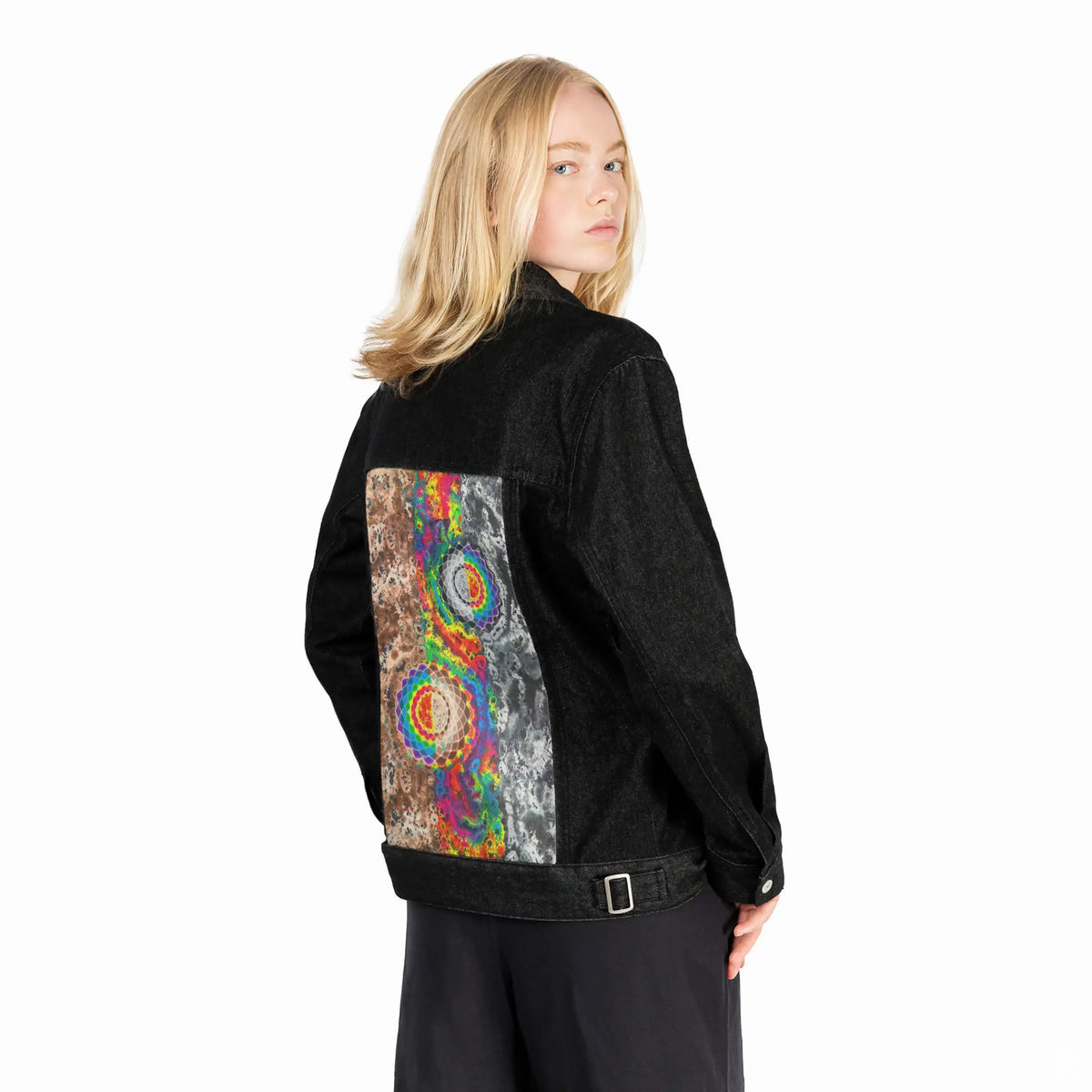 thegreatdivide patch on female og denim jacket in raven