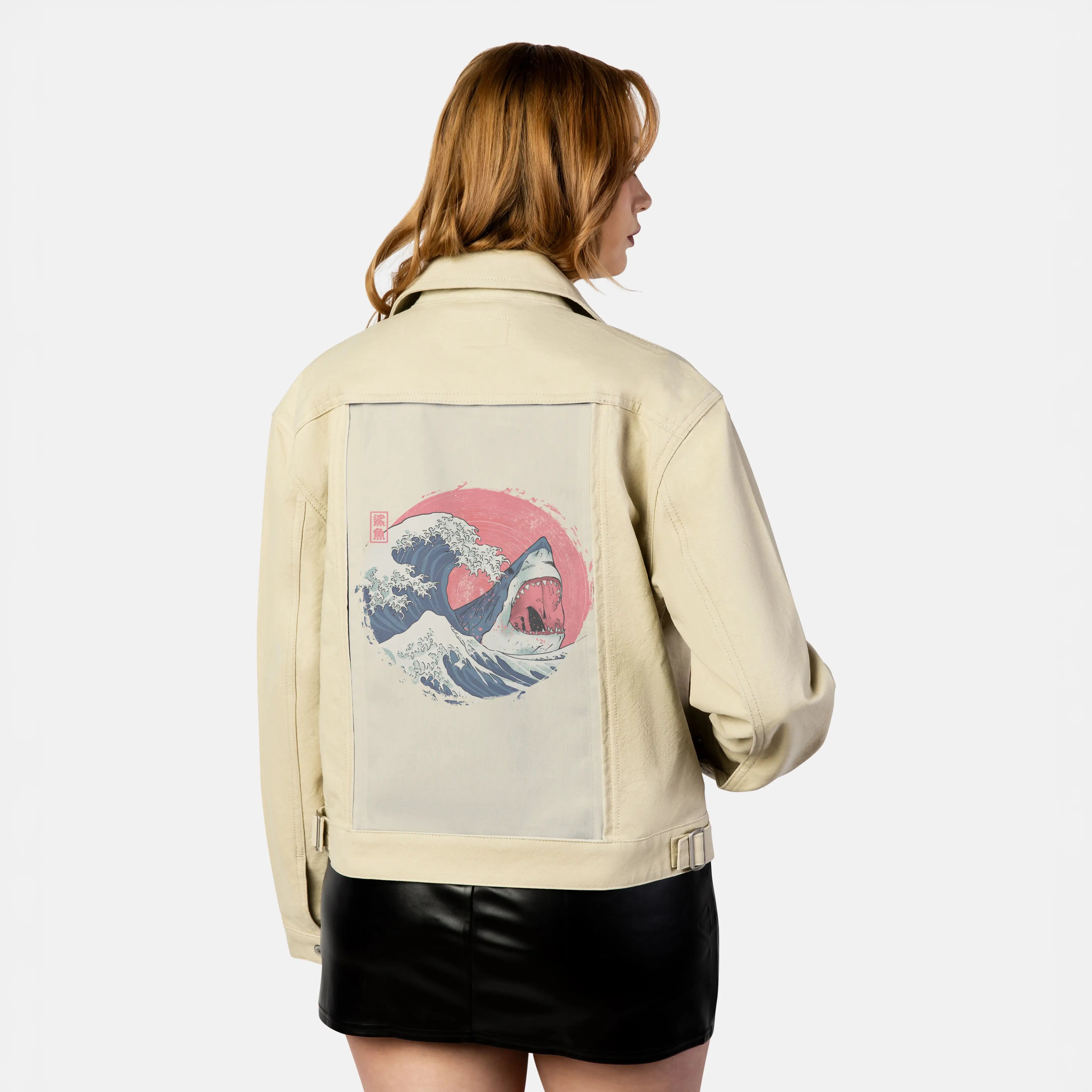 thegreatshark patch on female atelier canvas jacket in tan