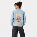 thegreatshark patch on female og denim jacket in oceanside