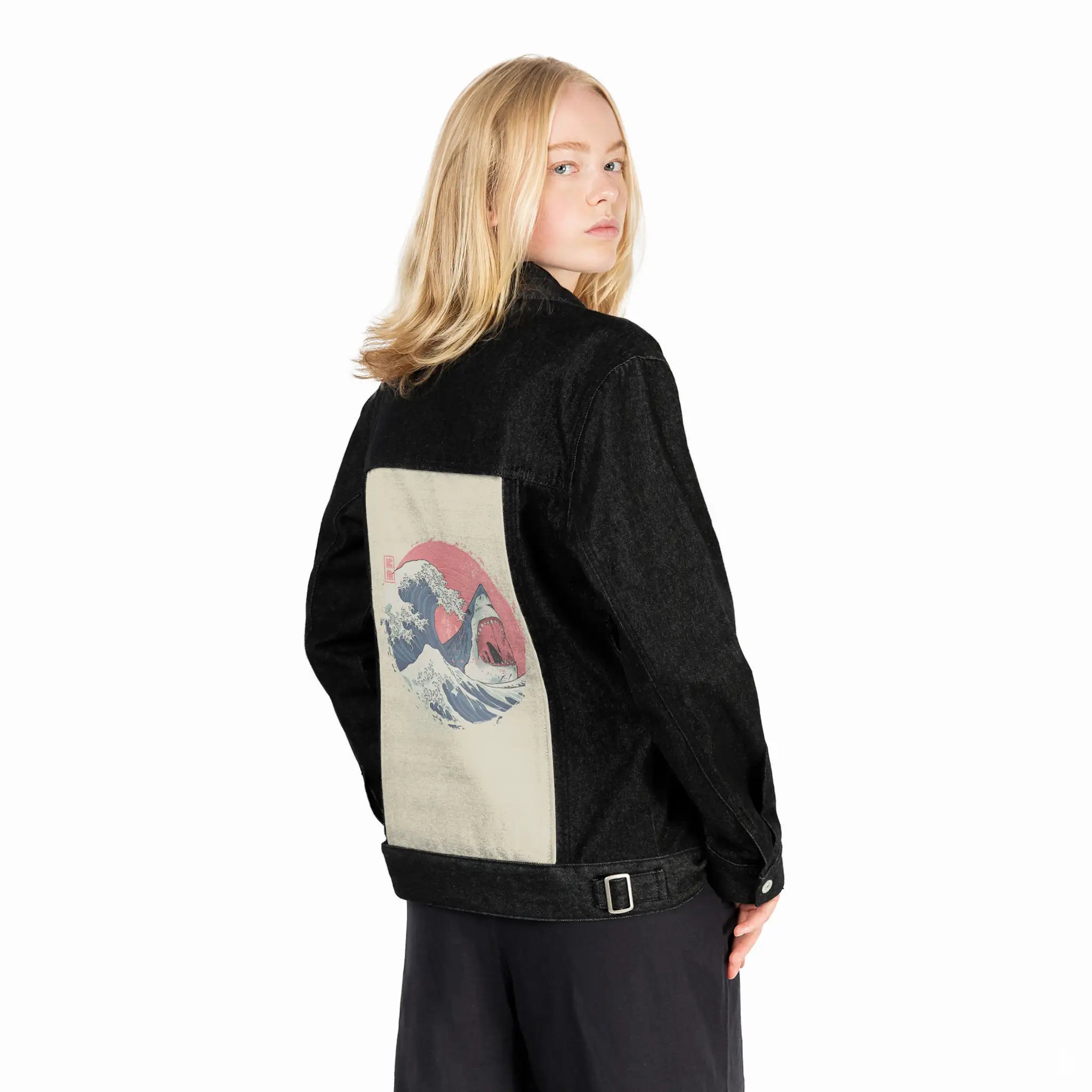 thegreatshark patch on female og denim jacket in raven