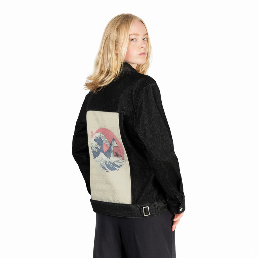 thegreatshark patch on female og denim jacket in raven