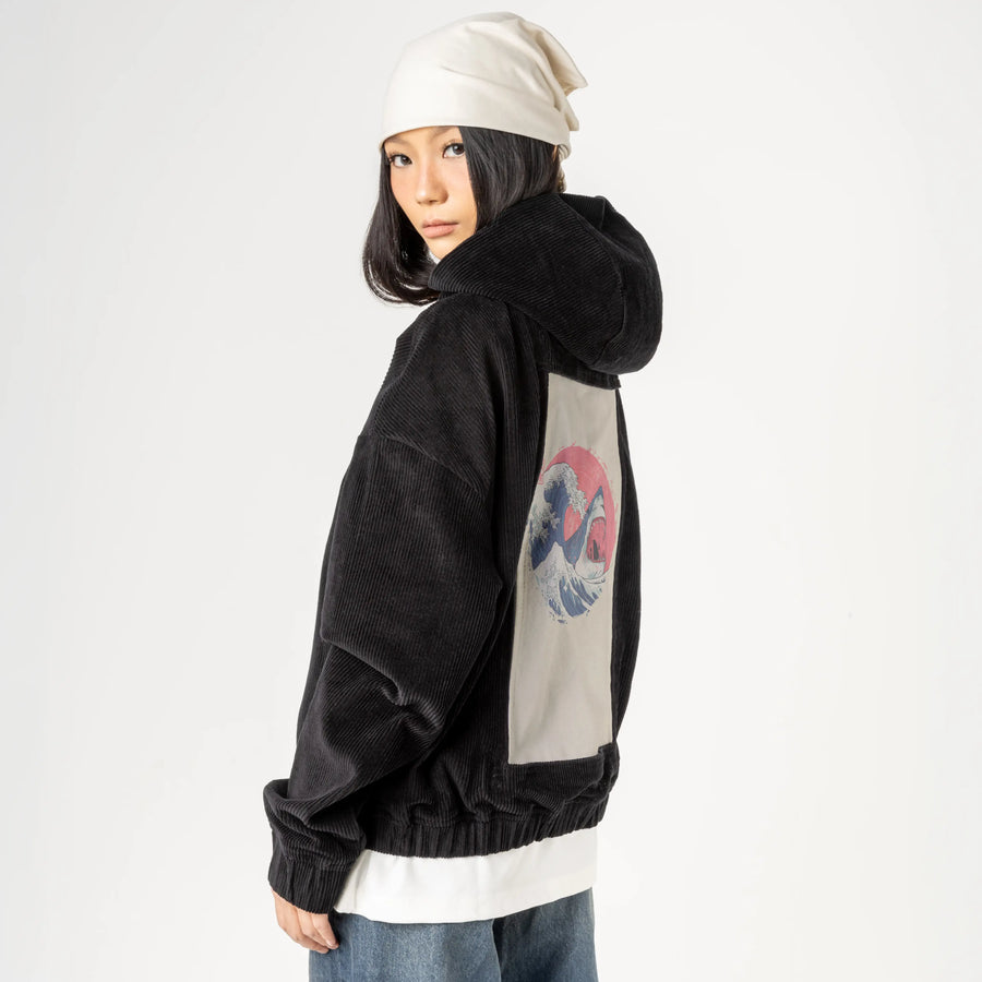 thegreatshark patch on female retro cord hoodie in onyx