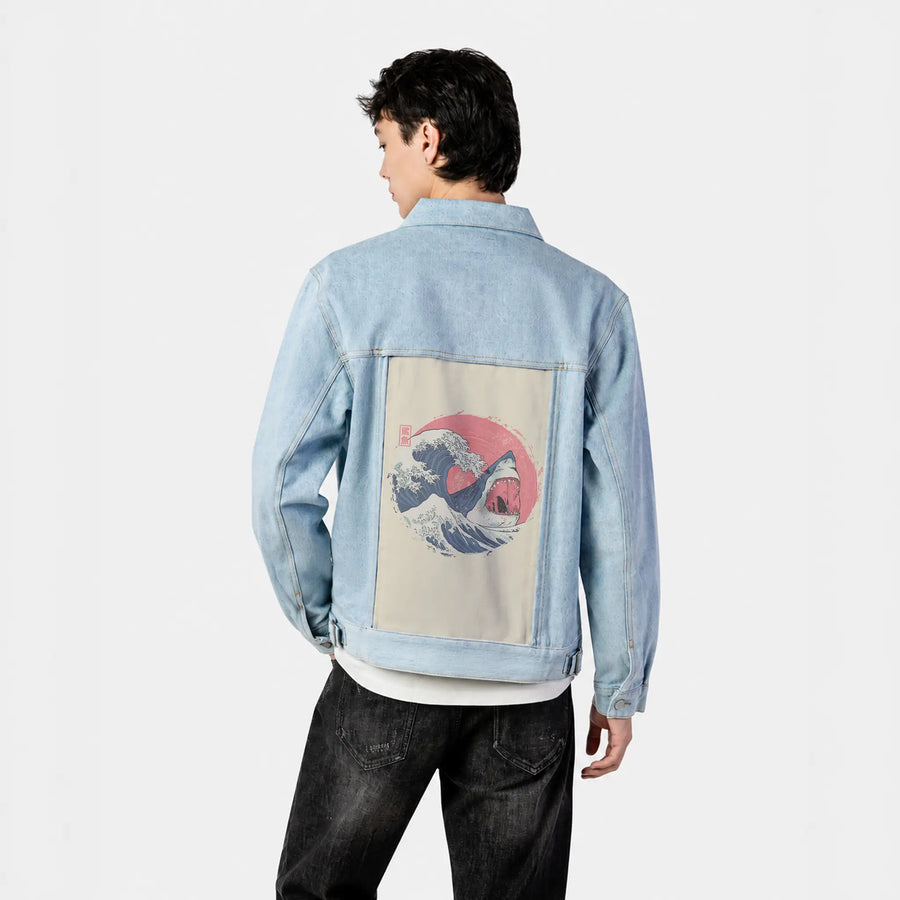 thegreatshark patch on male og denim jacket in oceanside