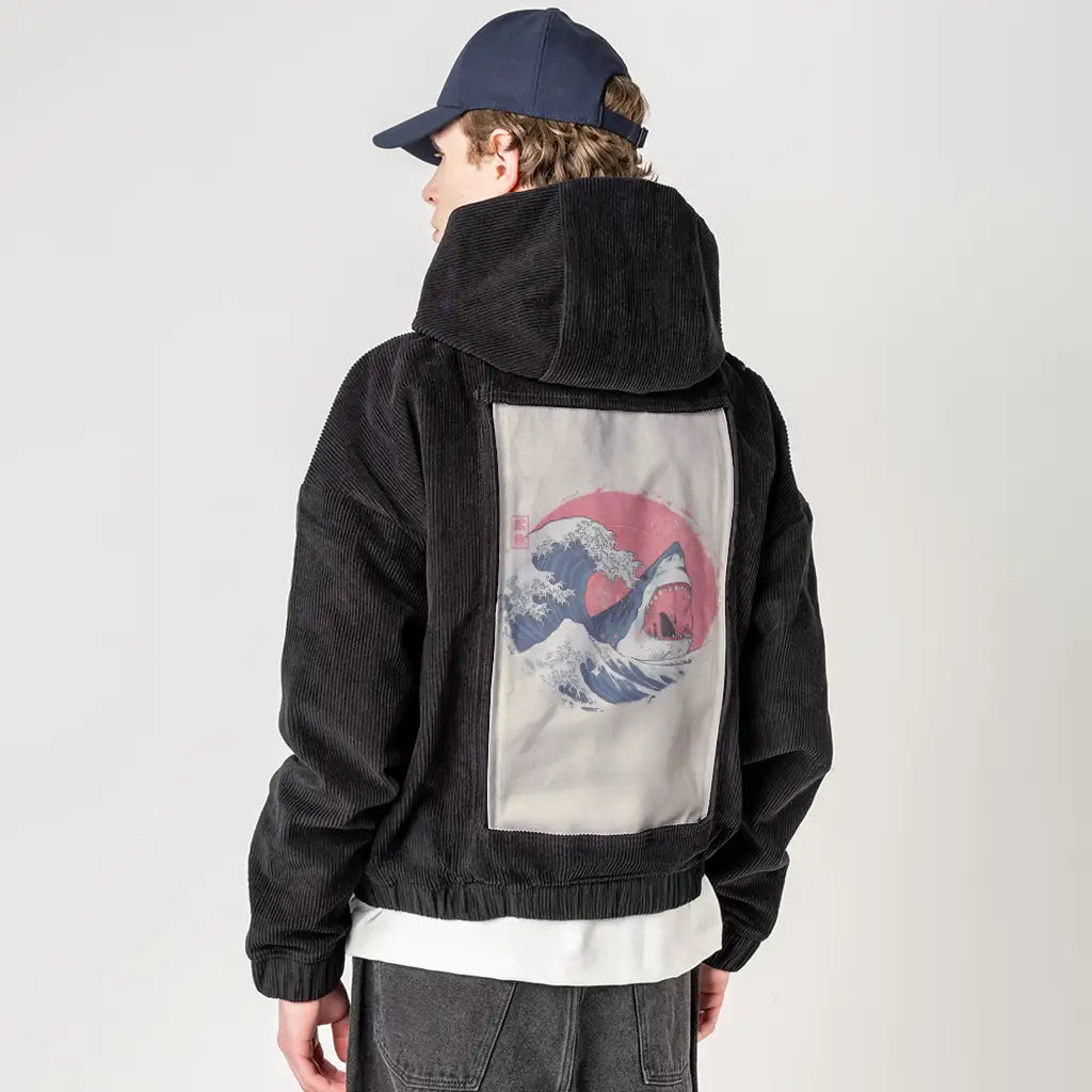 thegreatshark patch on male retro cord hoodie in onyx
