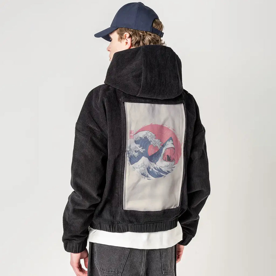 thegreatshark patch on male retro cord hoodie in onyx