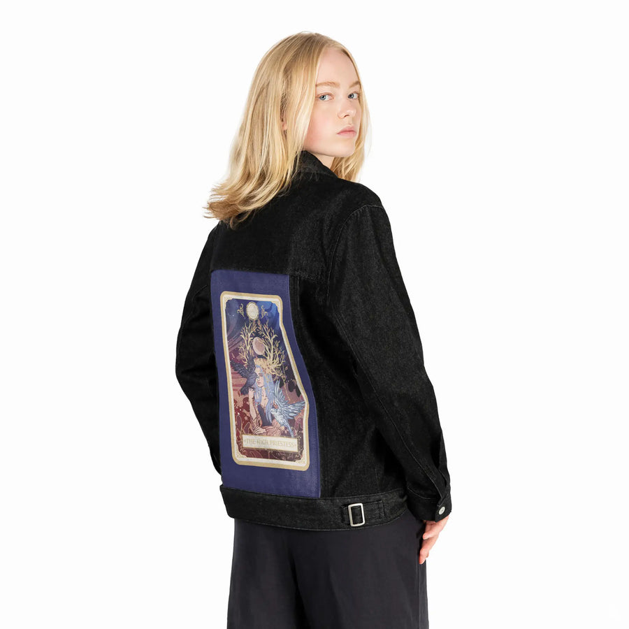 thehighpriestess patch on female og denim jacket in raven