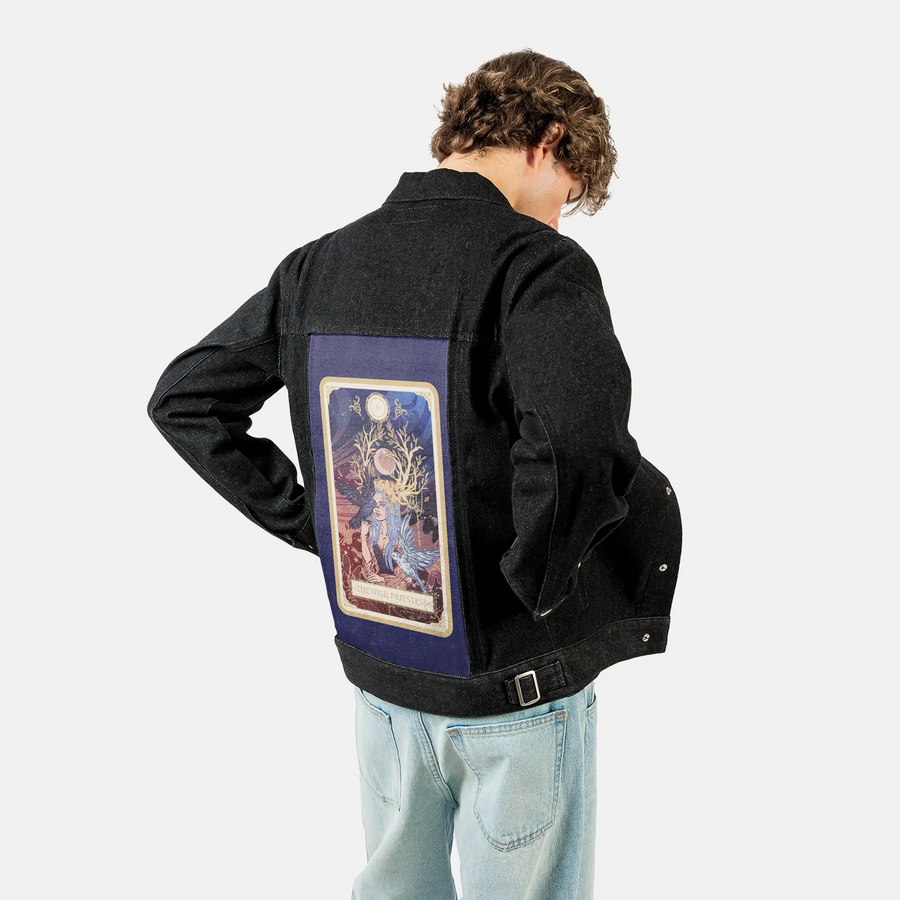 thehighpriestess patch on male og denim jacket in raven